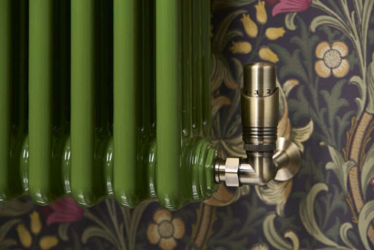 Antique brass TRV on a fern green wall-mounted steel column radiator.